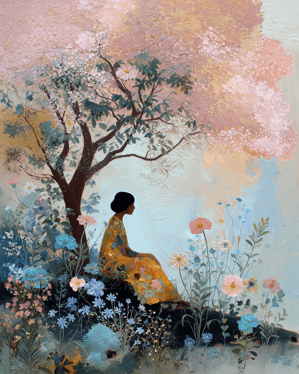 Woman in yellow dress under pink blossom tree cross stitch kit for beginners