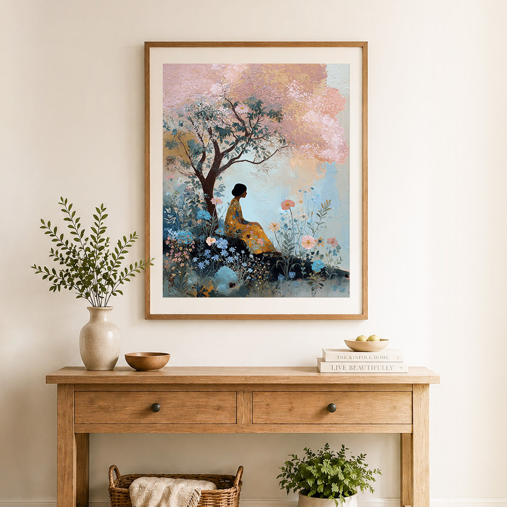Finished woman in yellow dress under pink blossom tree paint by numbers artwork displayed as home decor