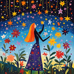 Woman reaching for stars in midnight garden cross stitch kit for beginners