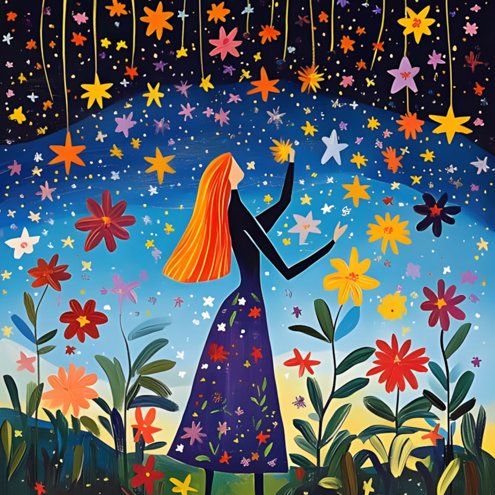 Woman reaching for stars in midnight garden cross stitch kit for beginners