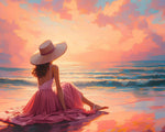Woman watching sunset at beach cross stitch kit for beginners
