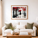 Finished woman with red umbrella in rainy forest cross stitch artwork displayed as home decor
