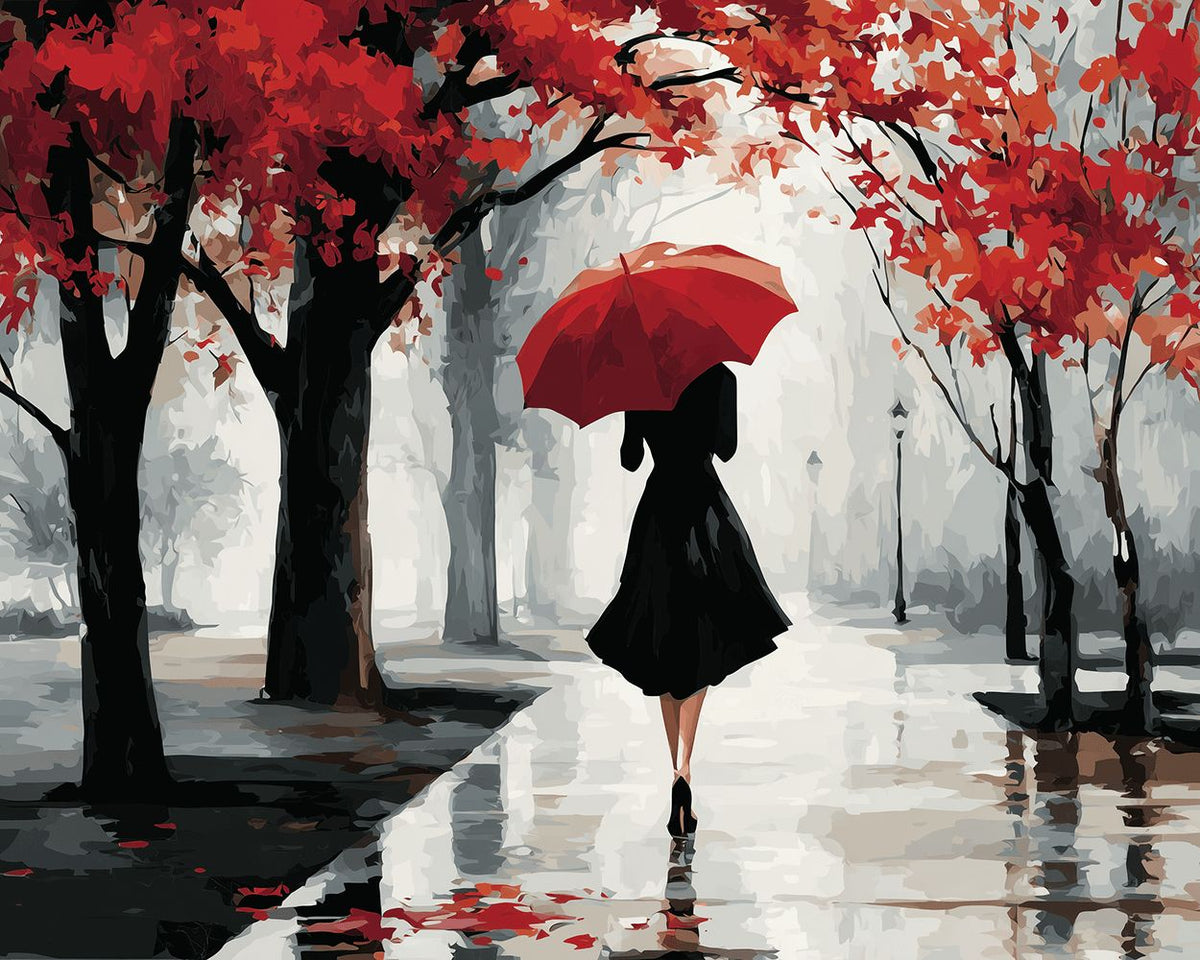 Woman with red umbrella in rainy forest cross stitch kit for beginners