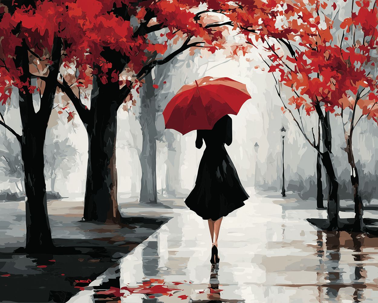 Woman with red umbrella in rainy forest cross stitch kit for beginners