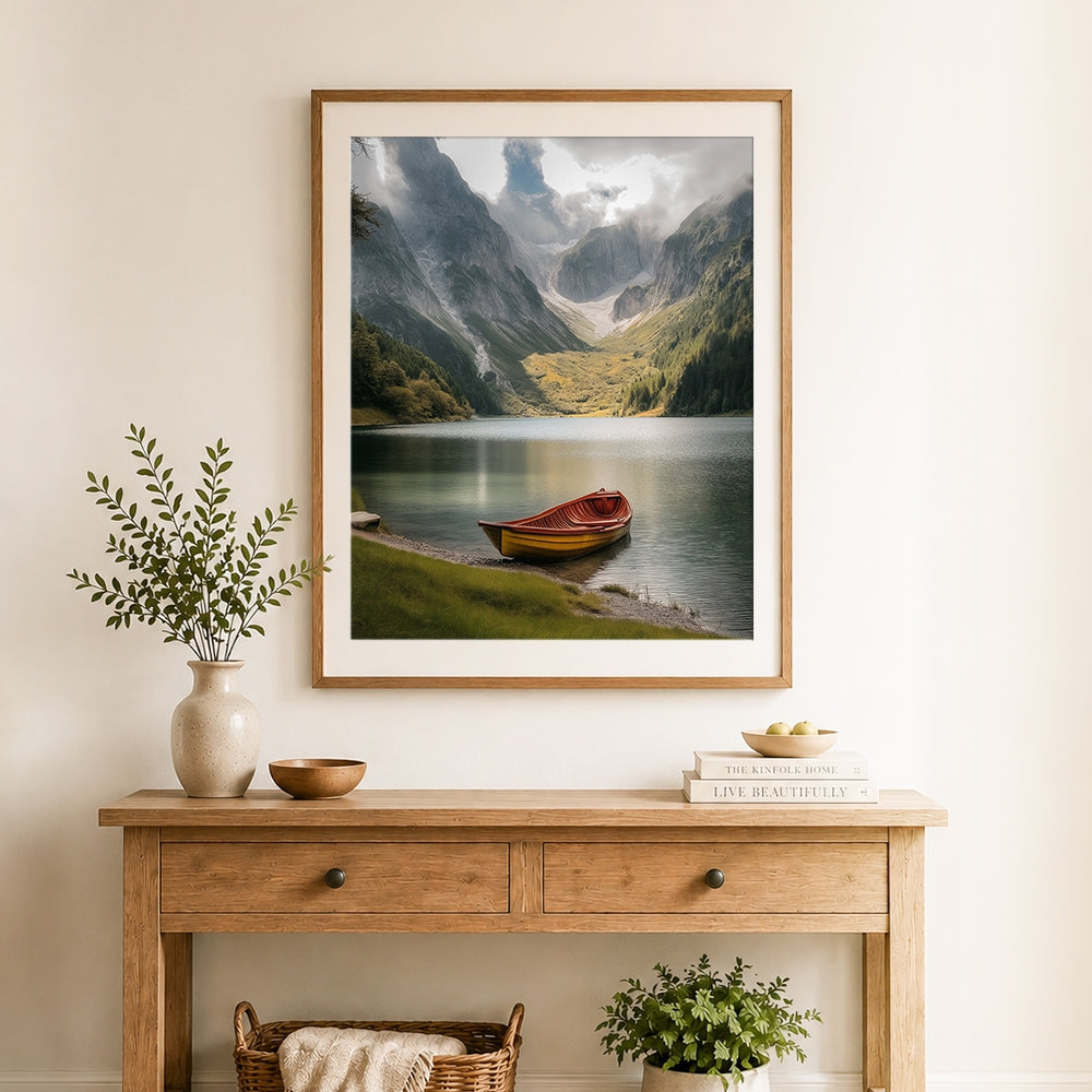 Finished wooden boat by mountain lake cross stitch artwork displayed as home decor