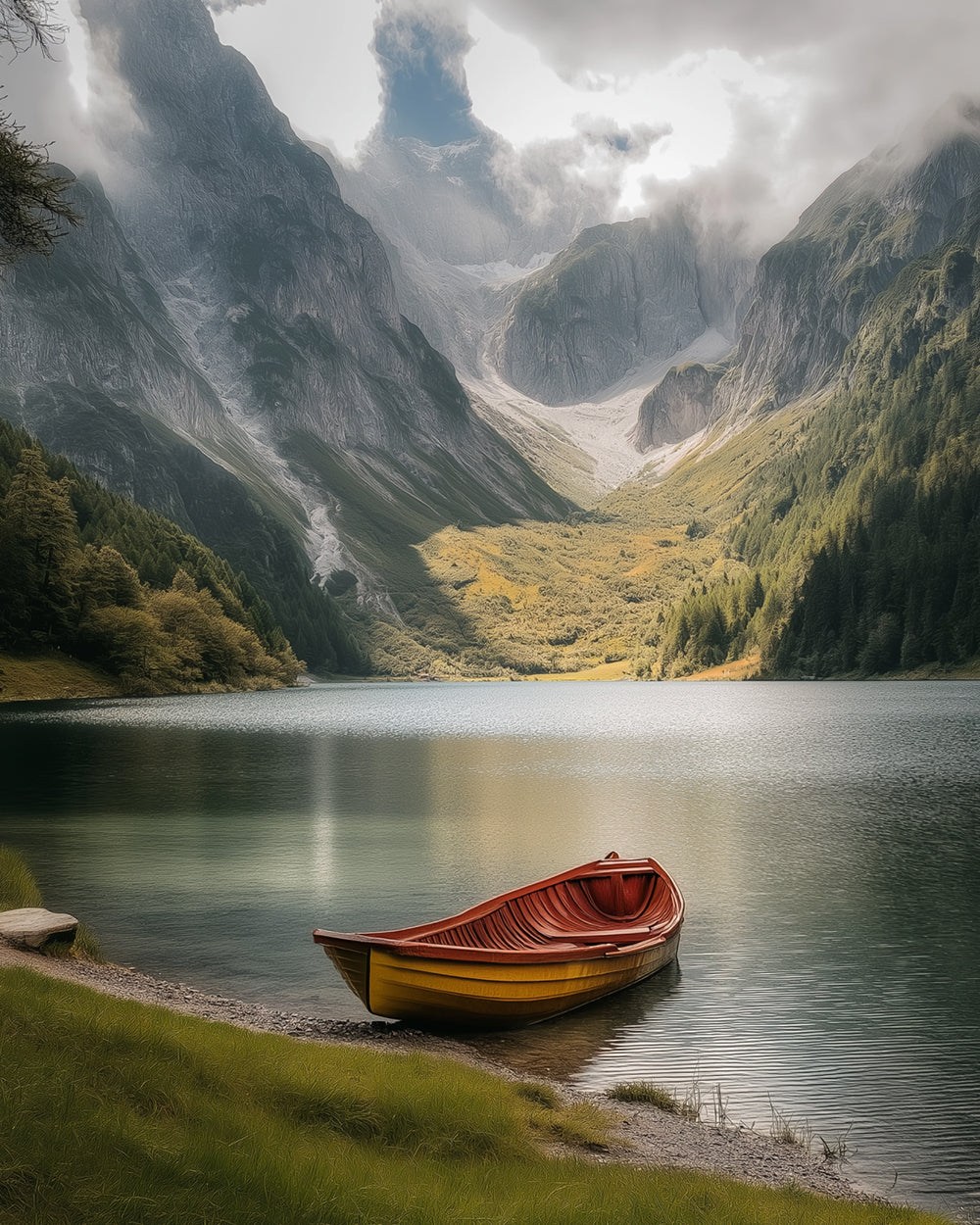Wooden boat by mountain lake cross stitch kit for beginners