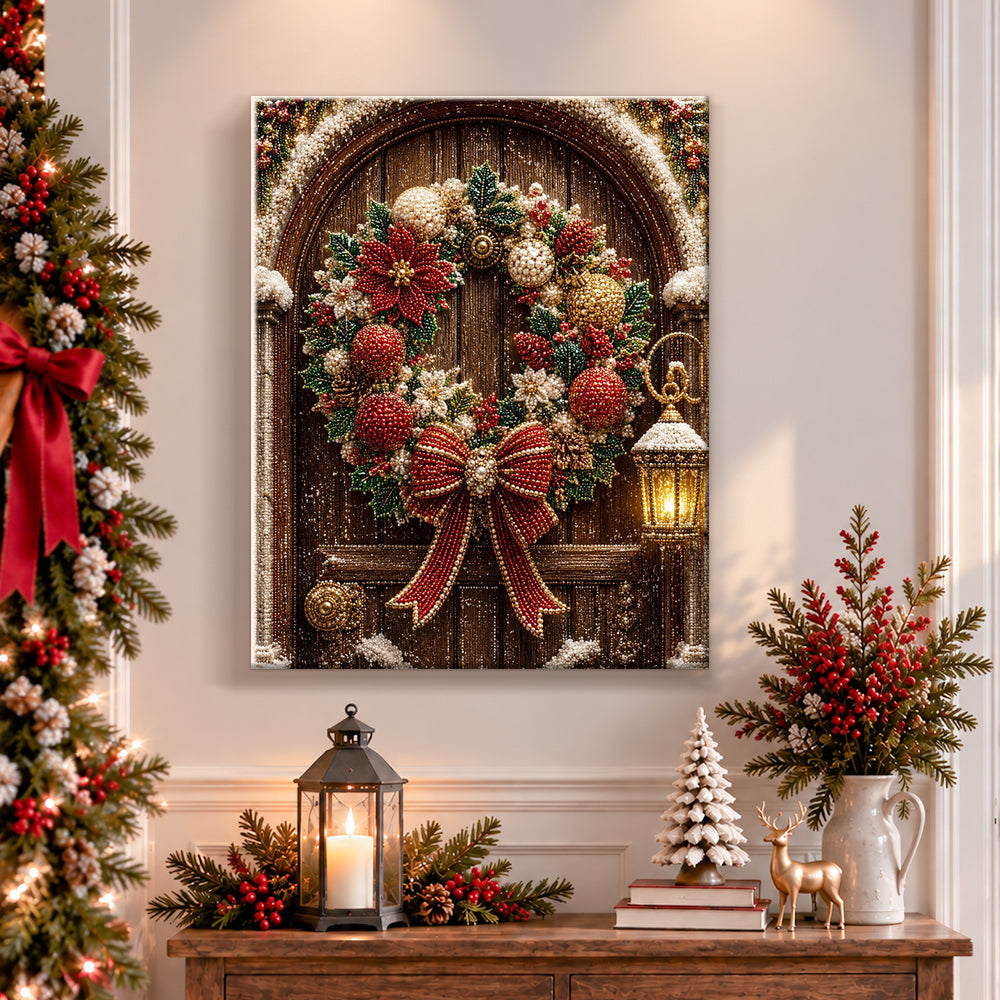Finished wooden door christmas wreath pearl diamond painting artwork displayed as holiday home decor