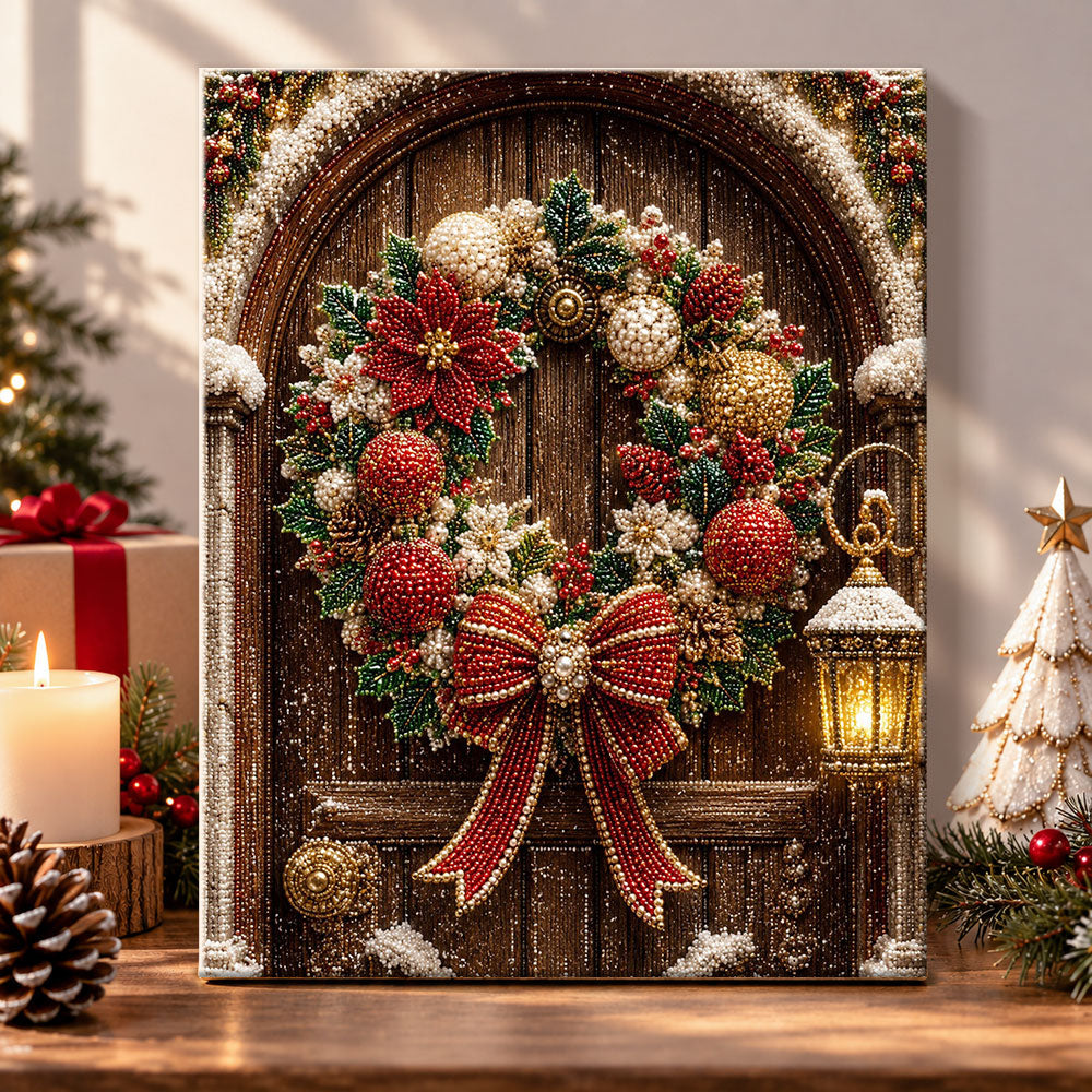 Wooden door christmas wreath pearl diamond painting kit for beginners