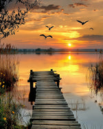 Wooden pier at sunset sea with flying birds cross stitch kit for beginners