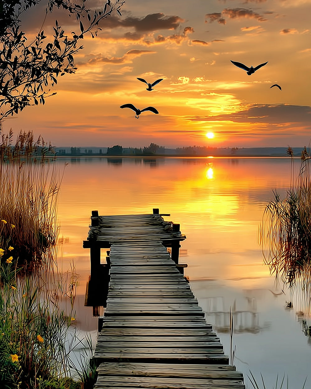Wooden pier at sunset sea with flying birds cross stitch kit for beginners