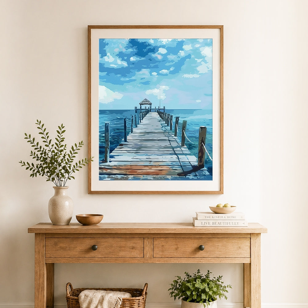 Finished wooden pier leading to ocean pavilion cross stitch artwork displayed as home decor