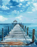 Wooden pier leading to ocean pavilion cross stitch kit for beginners