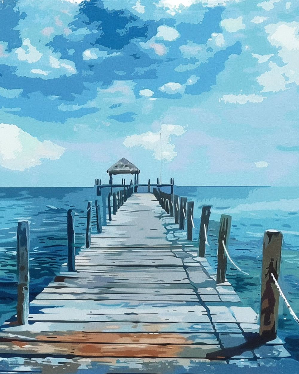 Wooden pier leading to ocean pavilion cross stitch kit for beginners