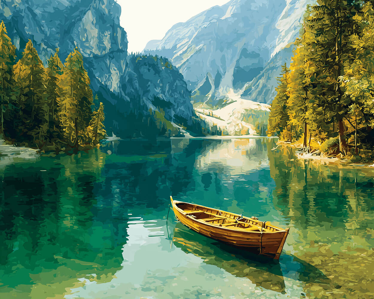 Wooden rowboat on mountain lake cross stitch kit for beginners