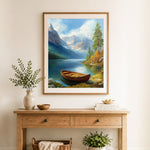 Finished wooden rowboat on turquoise lake with snowy peaks cross stitch artwork displayed as home decor