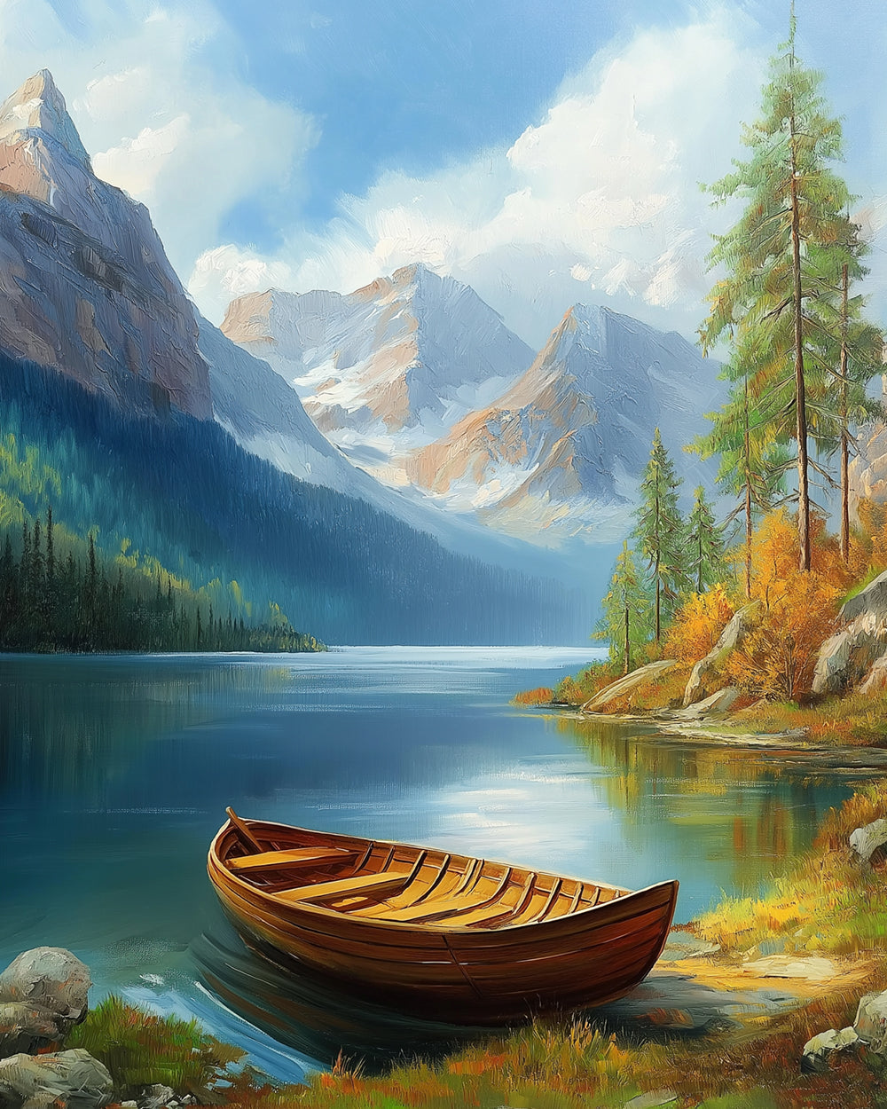 Wooden rowboat on turquoise lake with snowy peaks cross stitch kit for beginners
