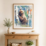 Finished woodland brown bear cross stitch artwork displayed as home decor