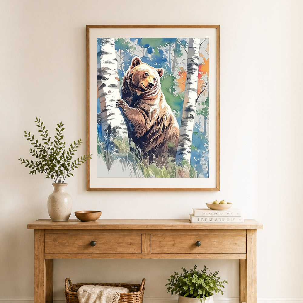 Finished woodland brown bear cross stitch artwork displayed as home decor