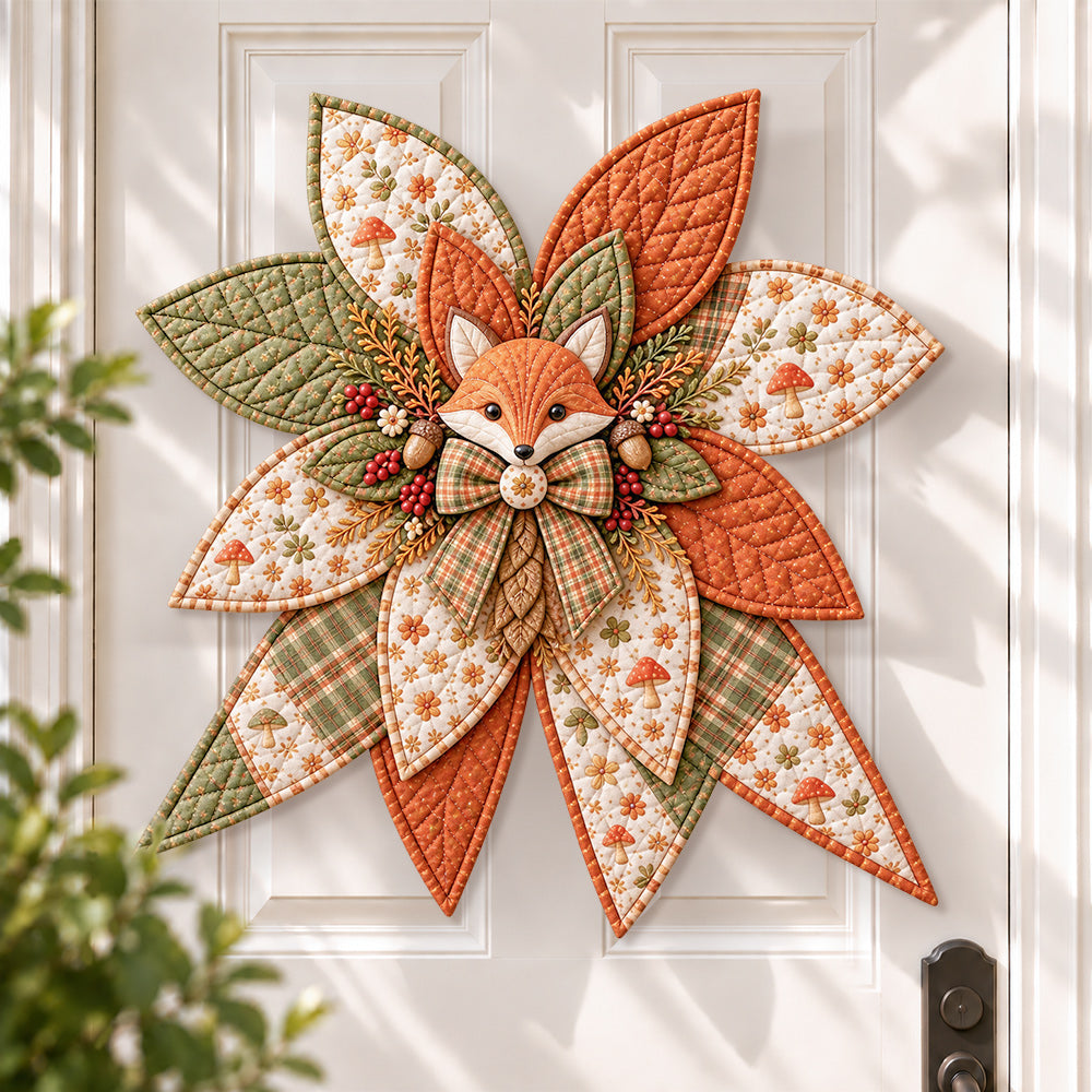 Woodland fox DIY quilted bow sewing kit finished as a handmade door decoration