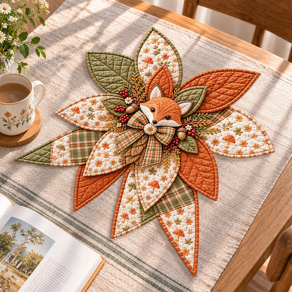 Woodland fox handmade quilted bow displayed on a table as seasonal home decor