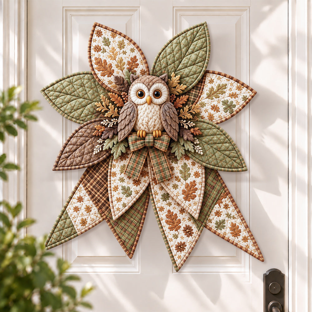 Woodland owl DIY quilted bow sewing kit finished as a handmade door decoration