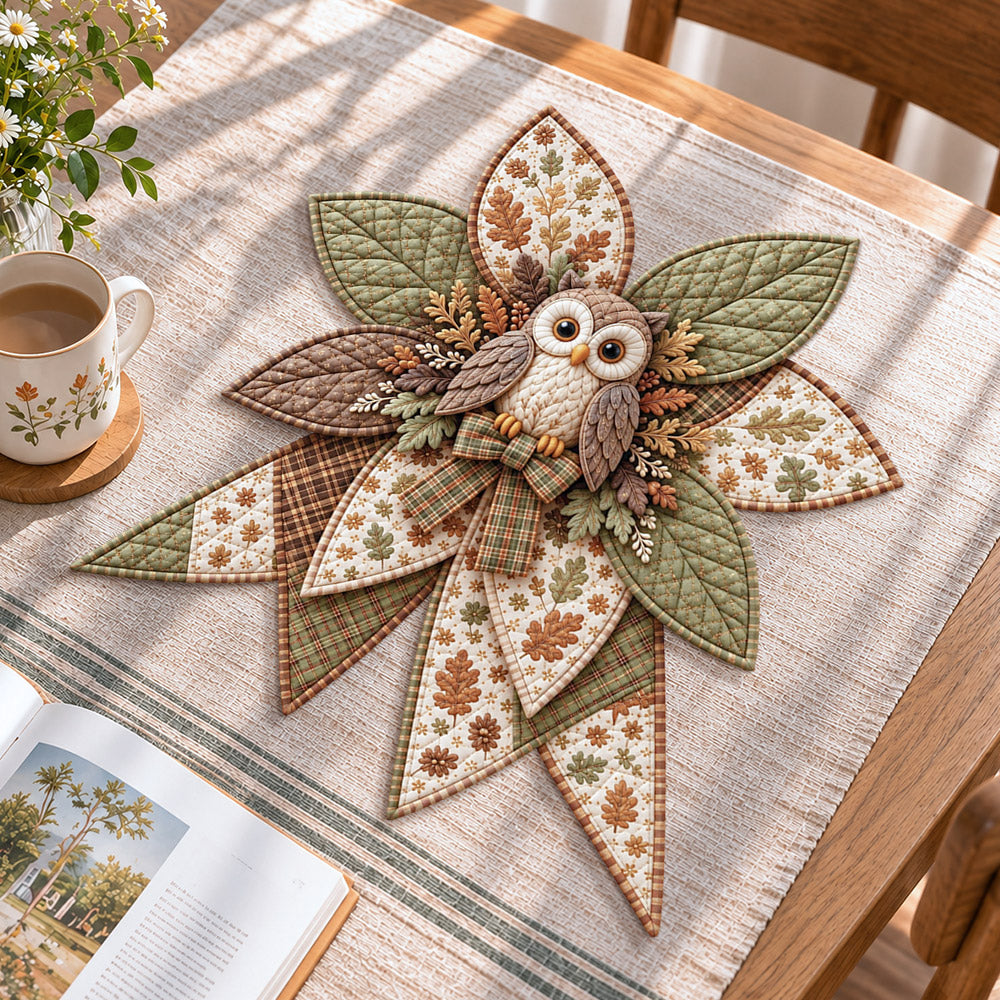 Woodland owl handmade quilted bow displayed on a table as seasonal home decor