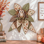 Woodland owl quilted bow displayed as handmade wall decor in a cozy home