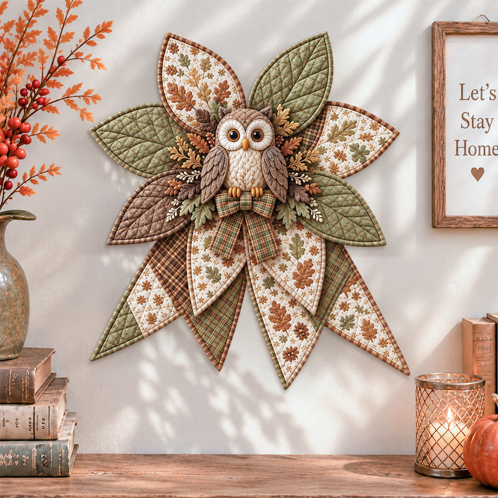 Woodland owl quilted bow displayed as handmade wall decor in a cozy home