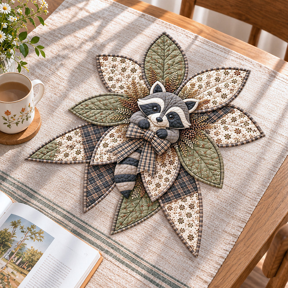 Woodland raccoon handmade quilted bow displayed on a table as seasonal home decor
