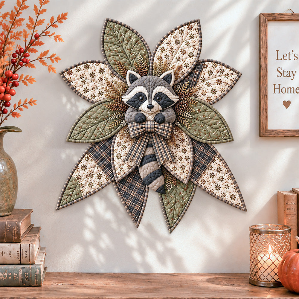 Woodland raccoon quilted bow displayed as handmade wall decor in a cozy home