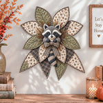 Woodland raccoon quilted bow displayed as handmade wall decor in a cozy home