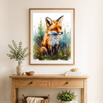 Finished woodland watercolor fox cross stitch artwork displayed as home decor