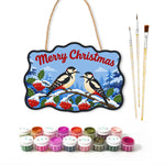 Woodpecker holly christmas paint by numbers door hanger with paints and brushes