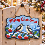 Woodpecker holly christmas paint by numbers door hanger on a garden gate