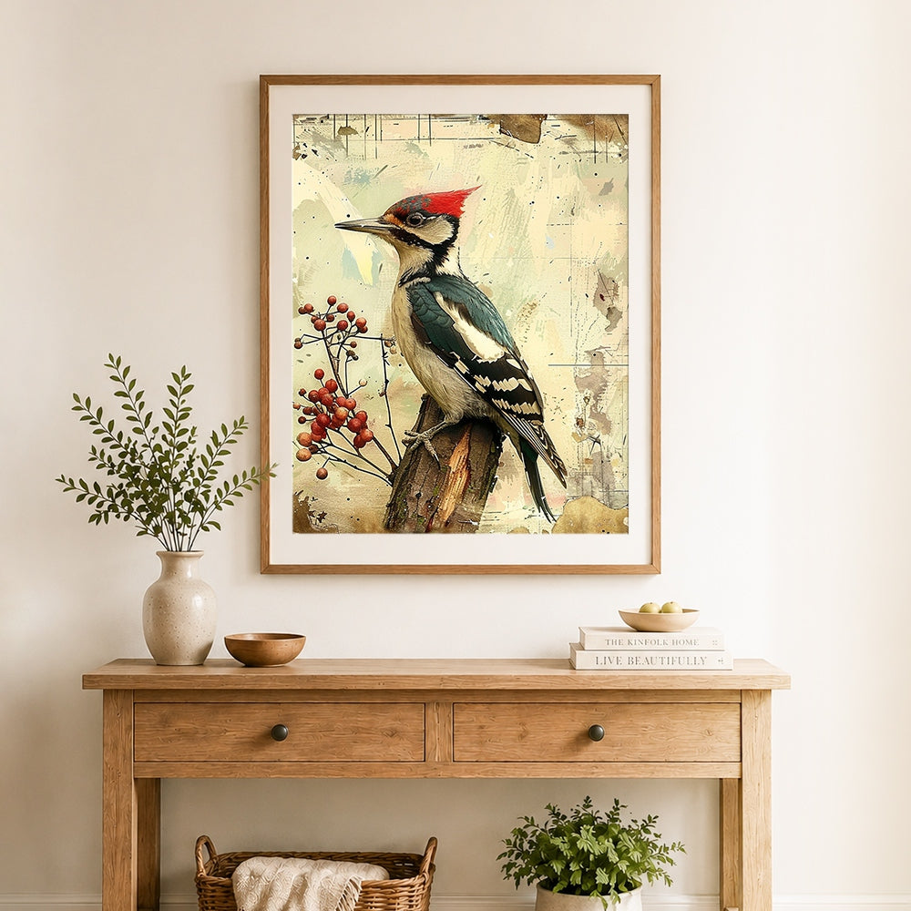 Finished woodpecker on a tree stump cross stitch artwork displayed as home decor