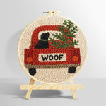 "Woof" red truck with dog punch needle kit for beginners