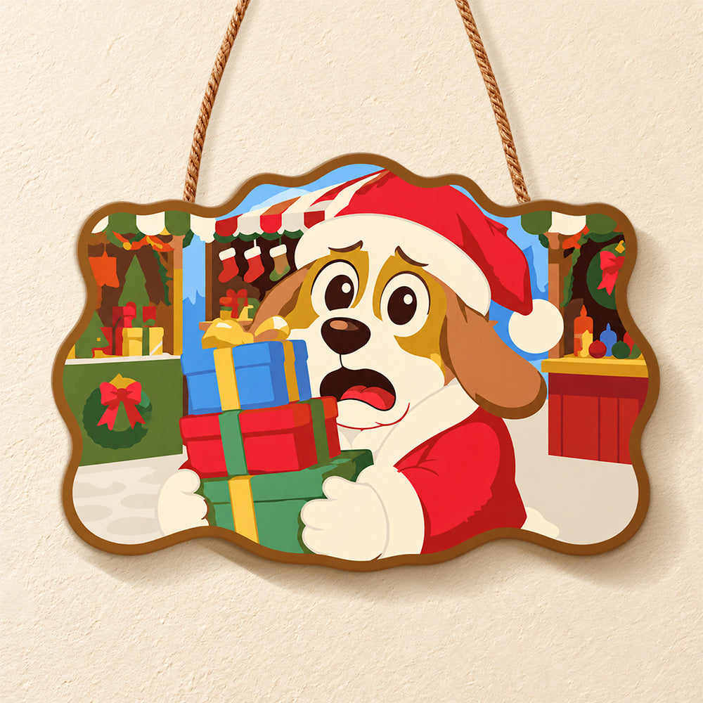 Worried dog with gifts paint by numbers door hanger finished design