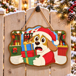 Worried dog with gifts paint by numbers door hanger on a garden gate