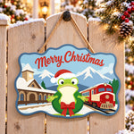 Wreath frog train station paint by numbers door hanger on a garden gate