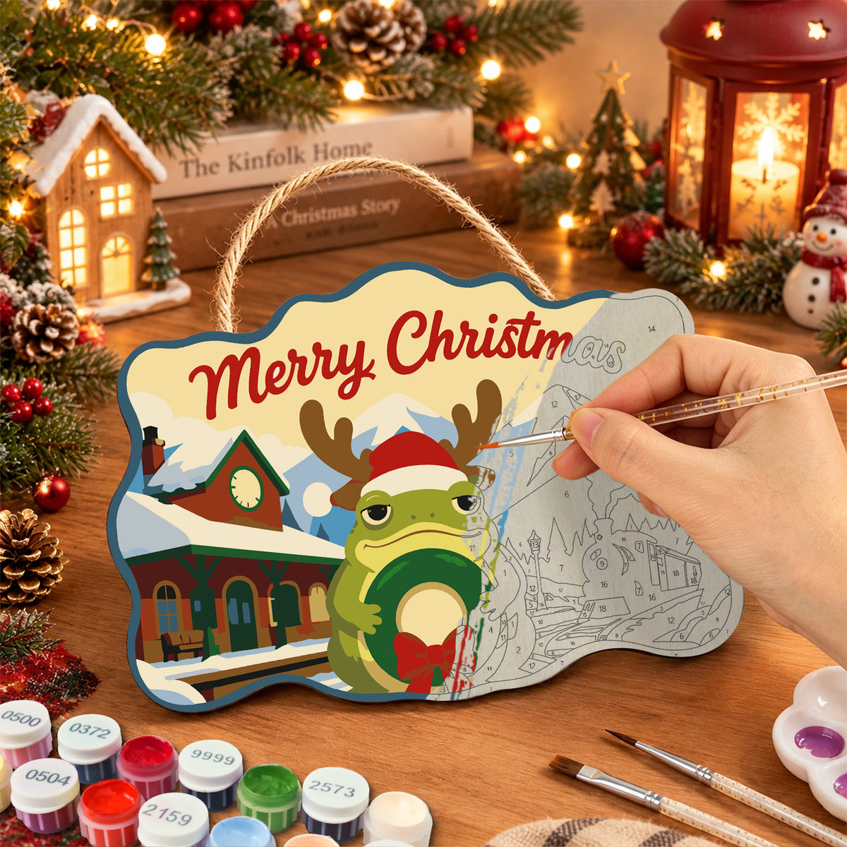 Wreath reindeer frog paint by numbers door hanger painting process