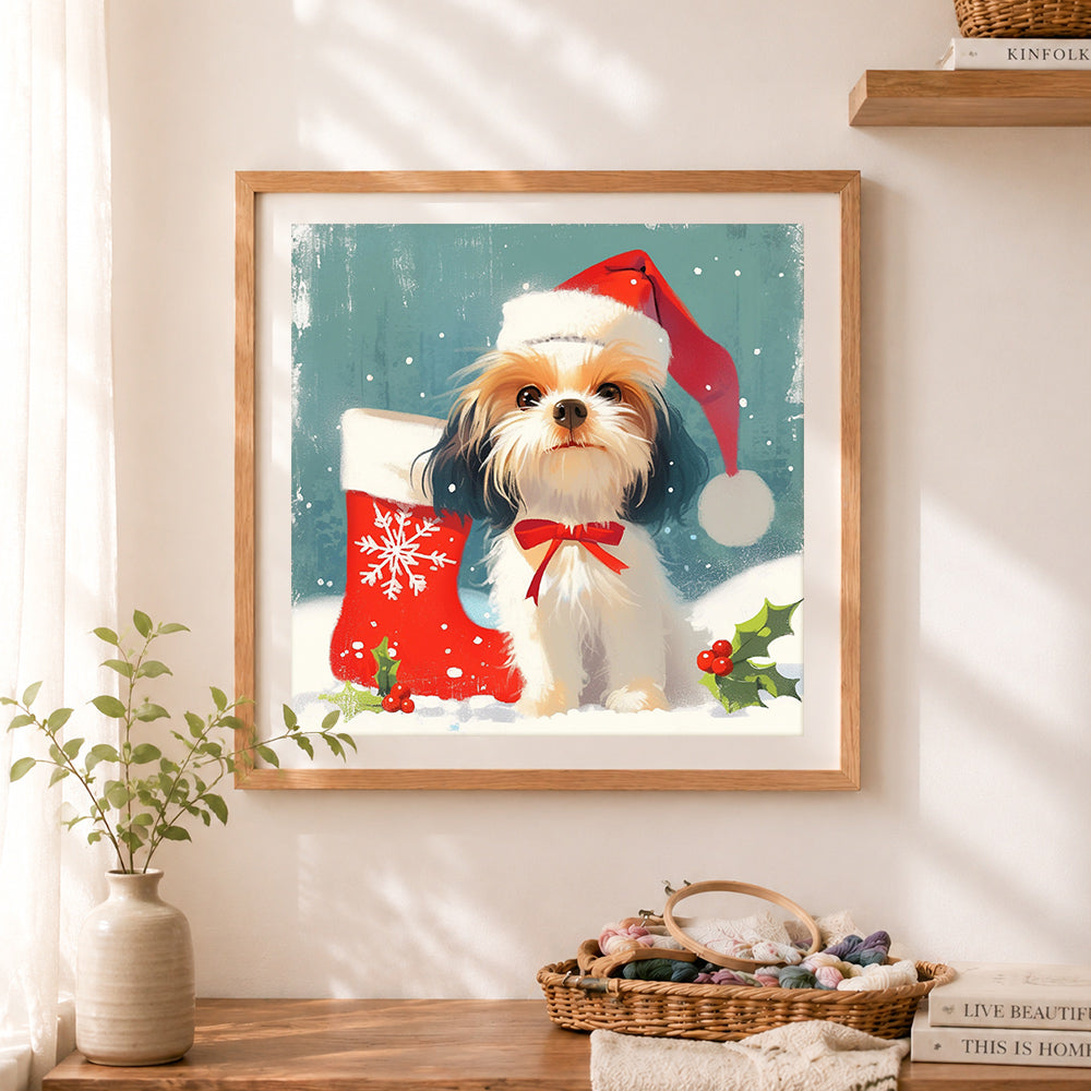 Finished xmas puppy and stocking cross stitch artwork displayed as home decor