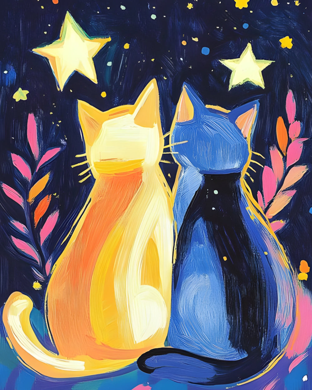 Yellow and blue cats under stars cross stitch kit for beginners