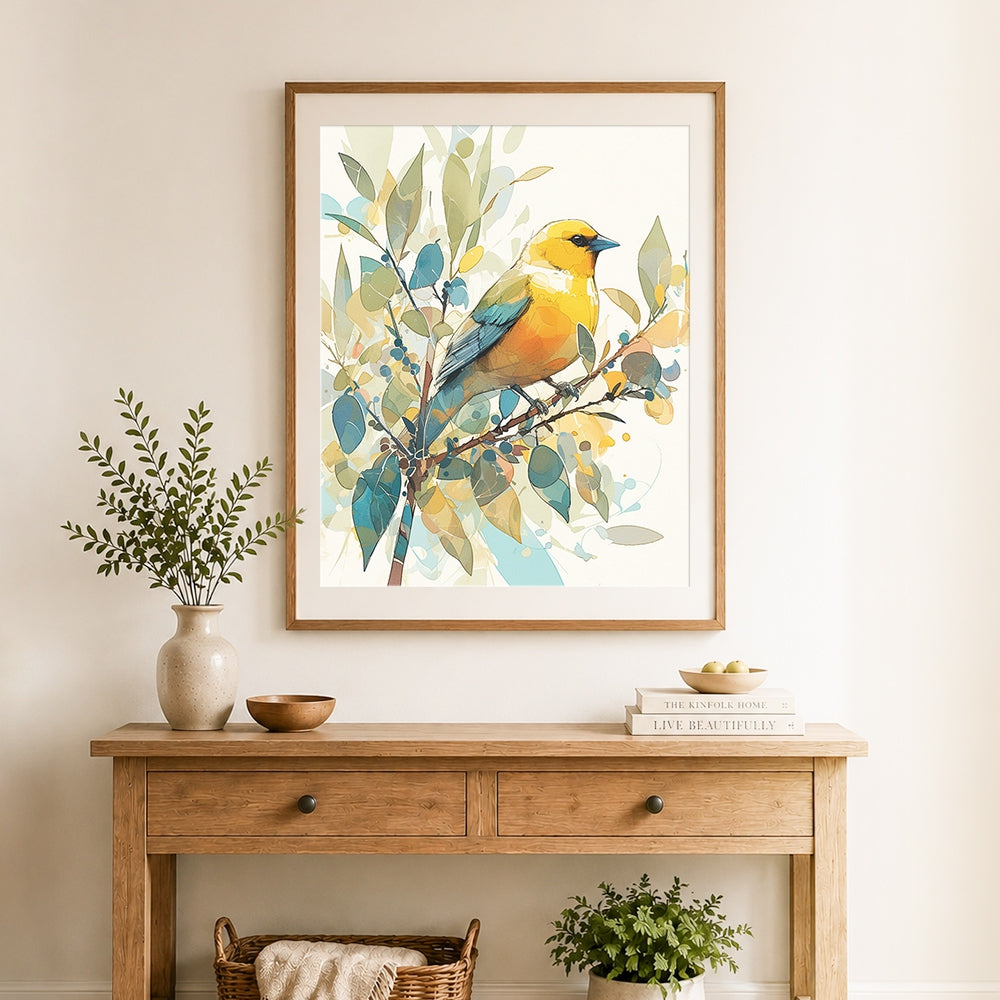 Finished yellow and blue songbird on branch cross stitch artwork displayed as home decor