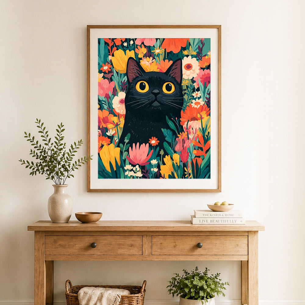 Finished yellow-eyed black cat among summer flowers cross stitch artwork displayed as home decor