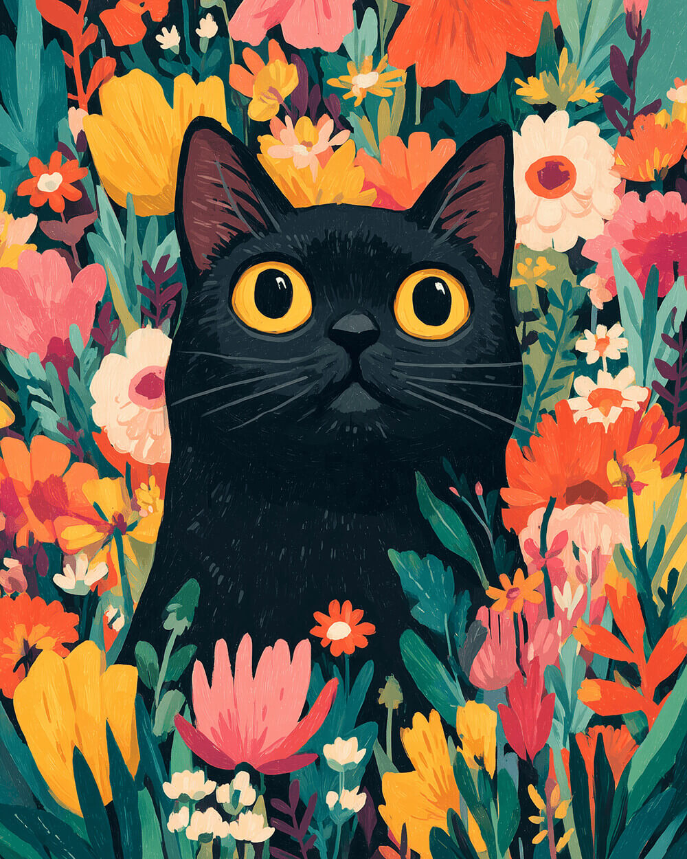 Yellow-eyed black cat among summer flowers cross stitch kit for beginners