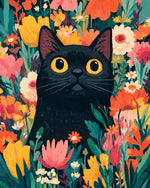 Yellow-eyed black cat among summer flowers cross stitch kit for beginners