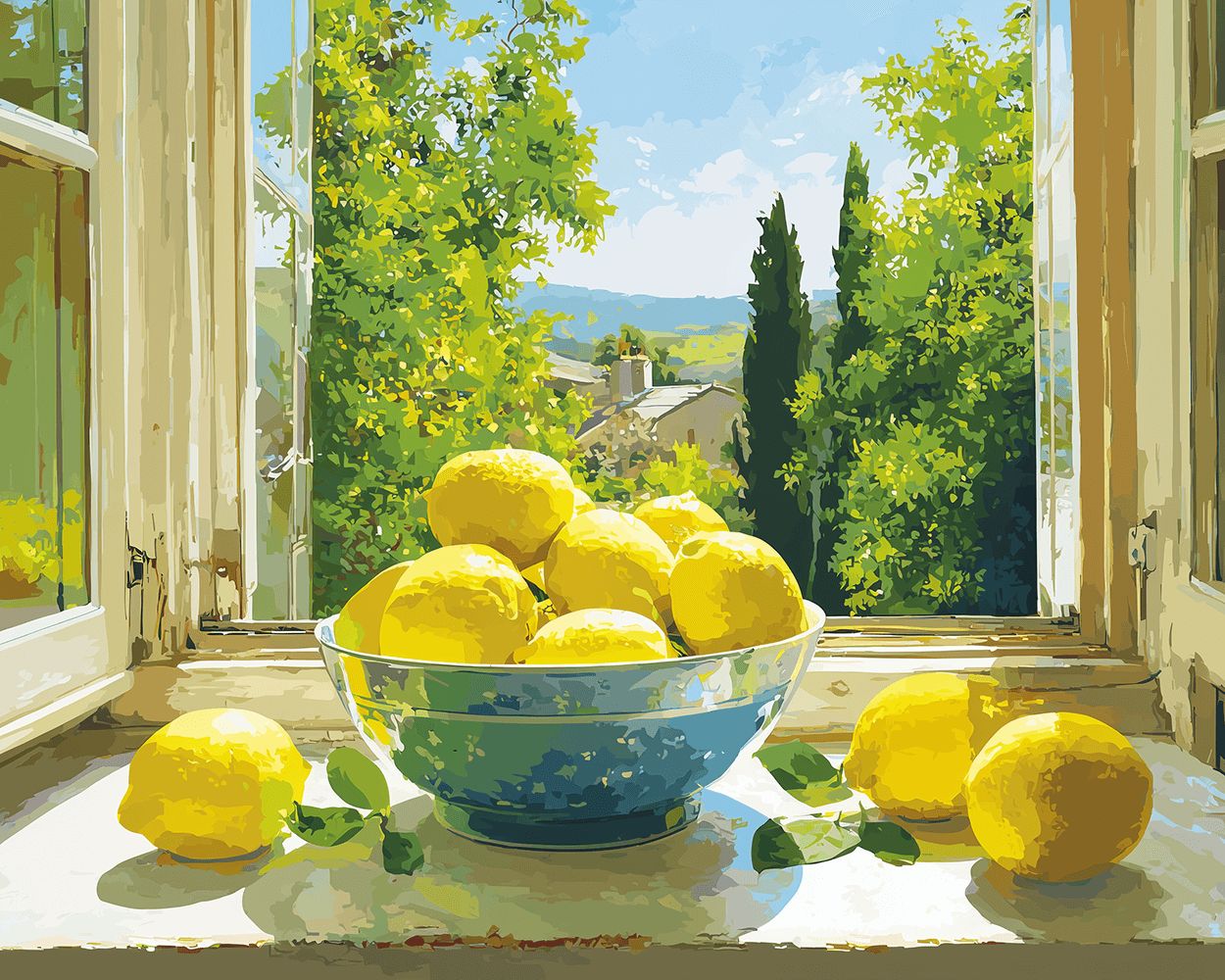 Yellow lemons in bowl on windowsill cross stitch kit for beginners