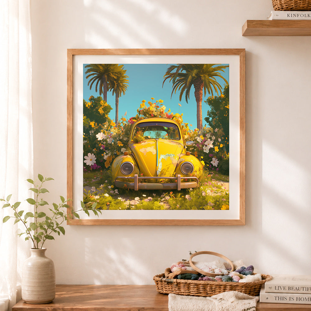 Finished yellow retro car in flower garden cross stitch artwork displayed as home decor