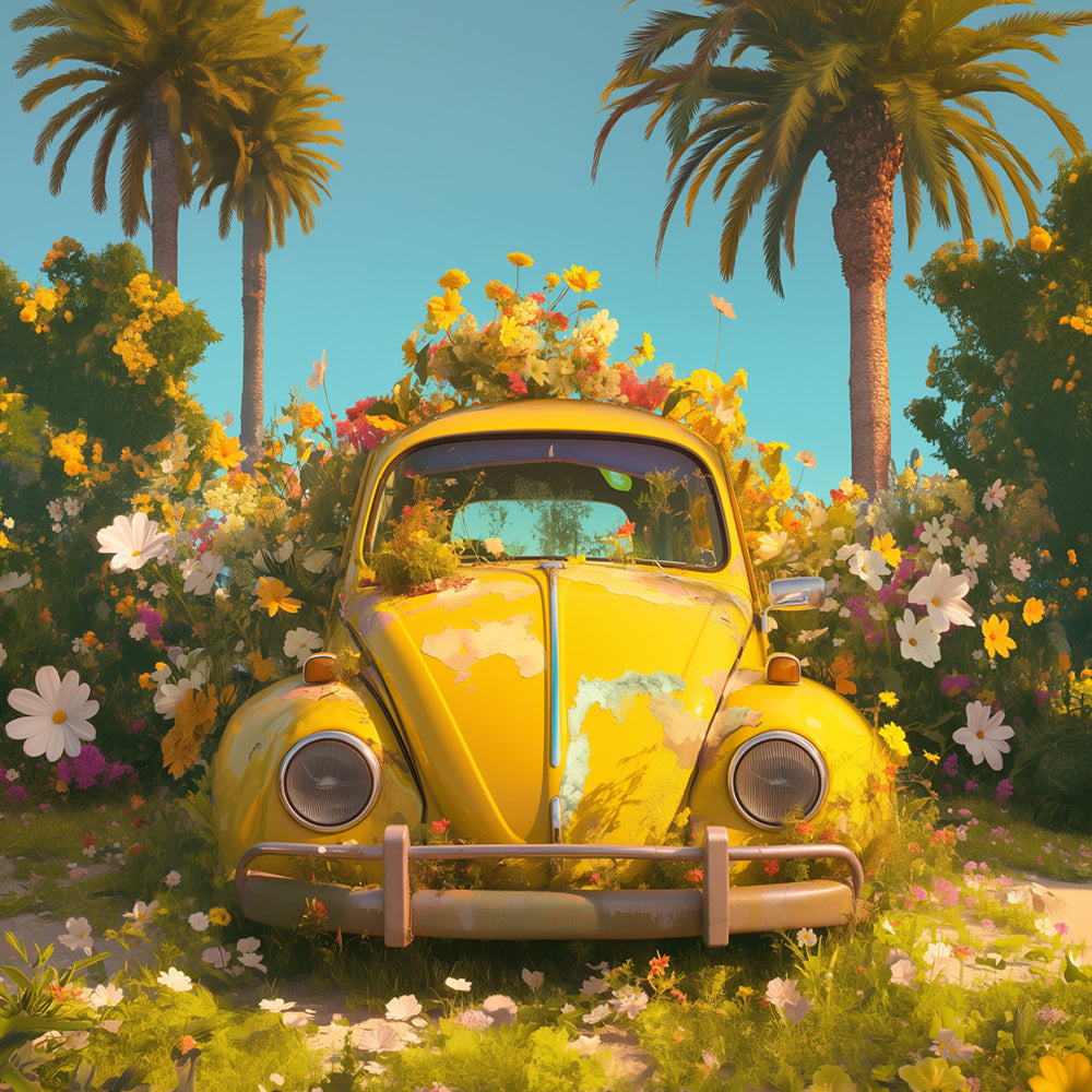 Yellow retro car in flower garden cross stitch kit for beginners