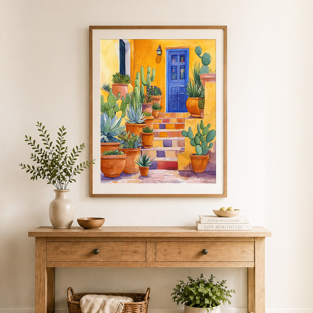 Finished yellow steps with cactus pots and blue door cross stitch artwork displayed as home decor